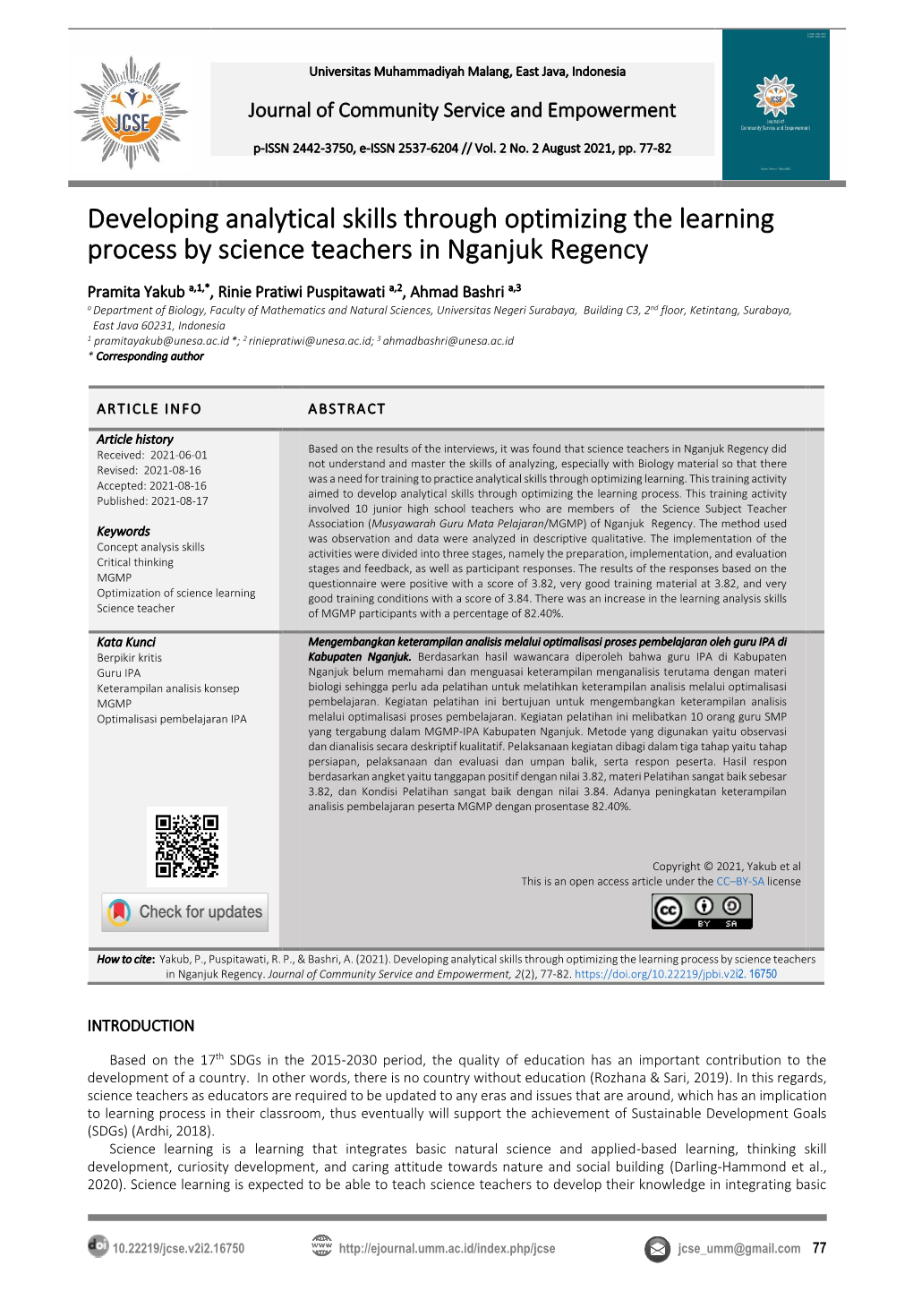 Developing Analytical Skills Through Optimizing the Learning Process by Science Teachers in Nganjuk Regency