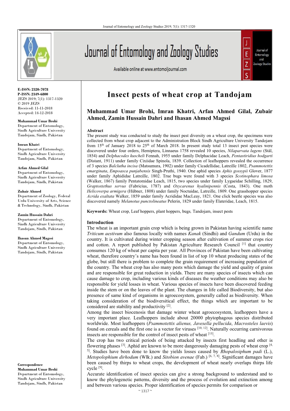 Insect Pests of Wheat Crop at Tandojam