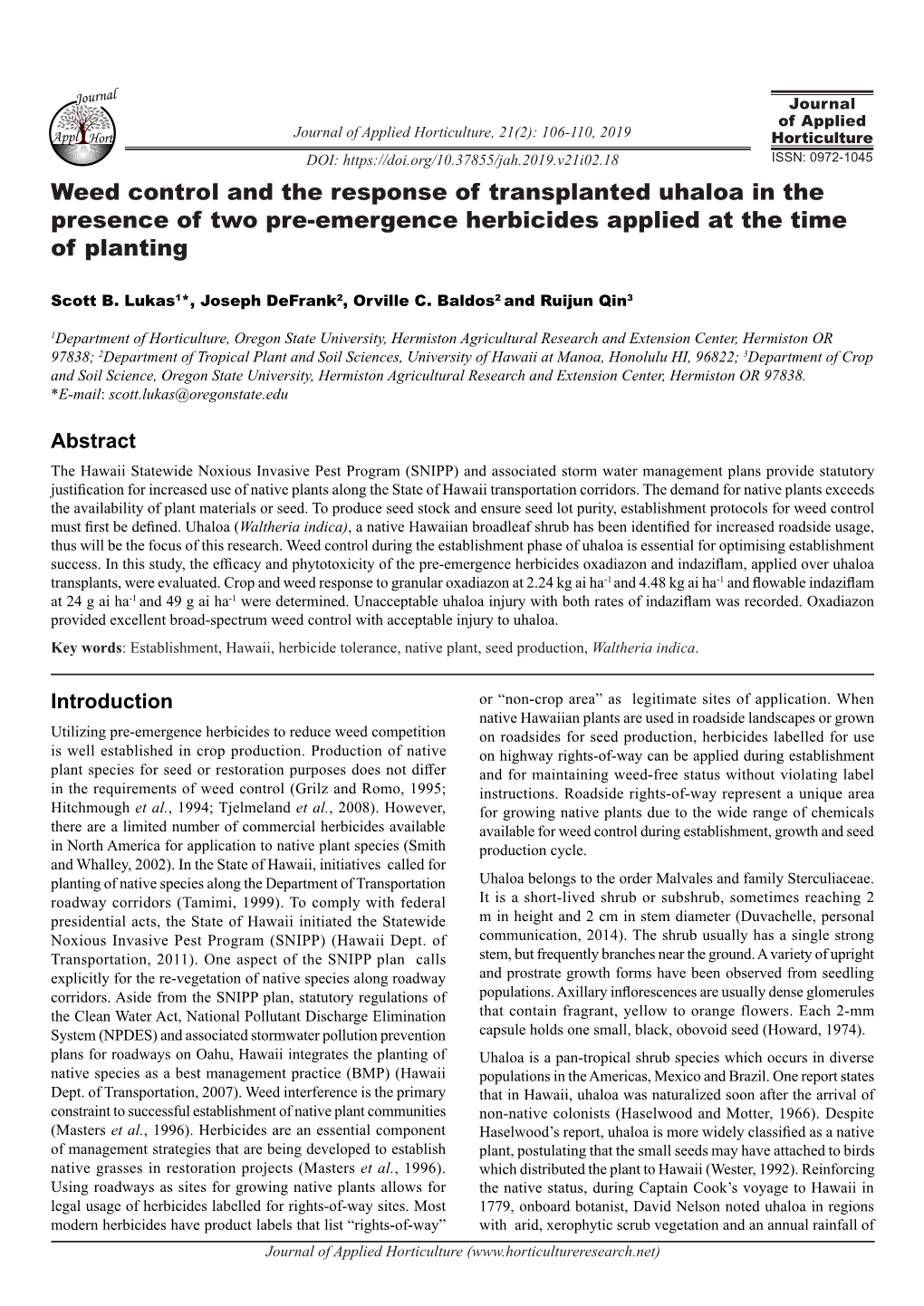 Weed Control and the Response of Transplanted Uhaloa in the Presence of Two Pre-Emergence Herbicides Applied at the Time of Planting