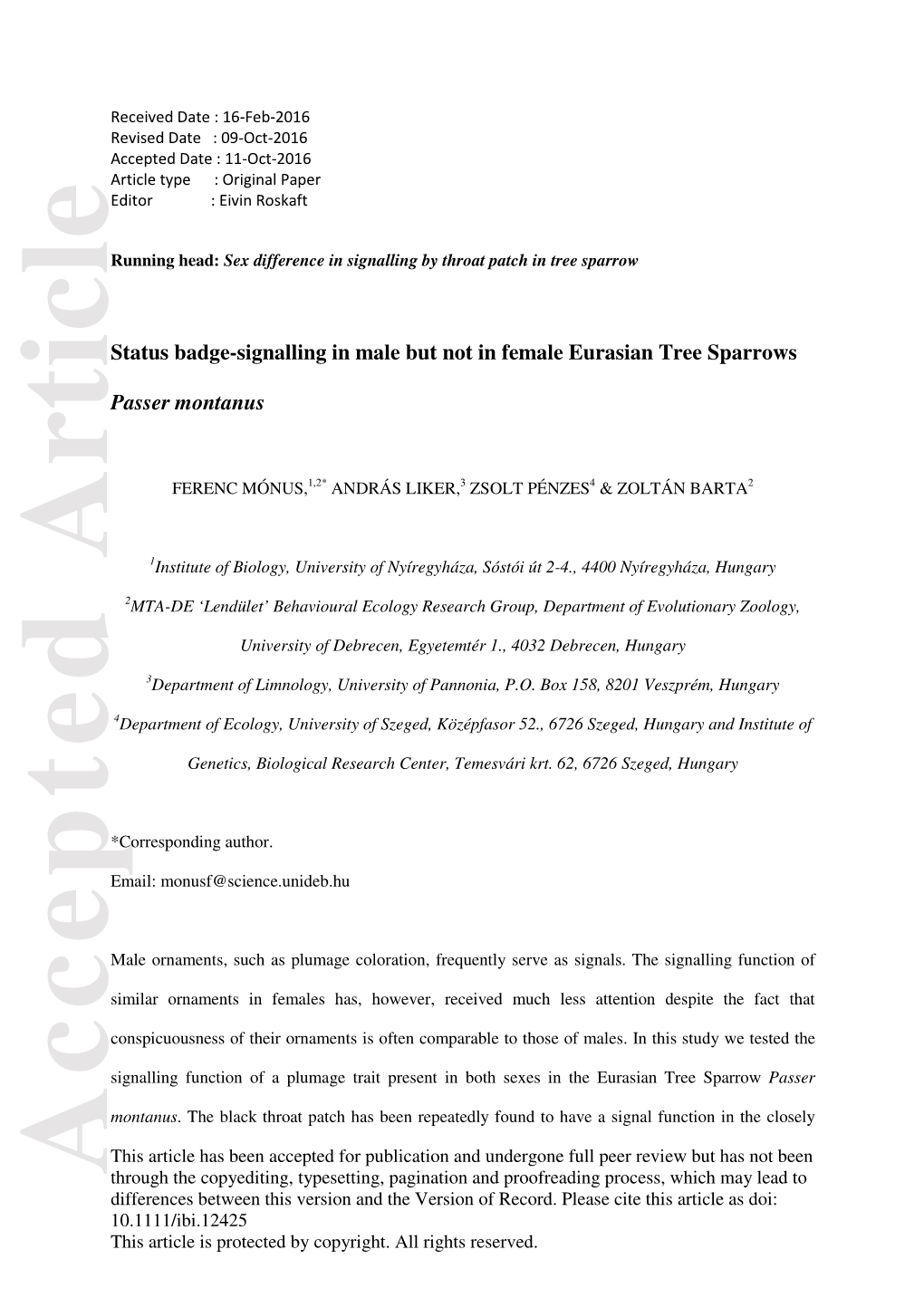 Signalling in Male but Not in Female Eurasian Tree Sparrows Passer