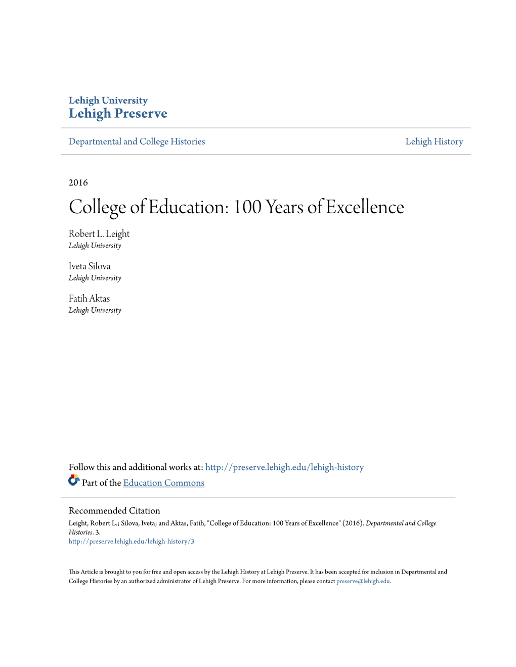 College of Education: 100 Years of Excellence Robert L