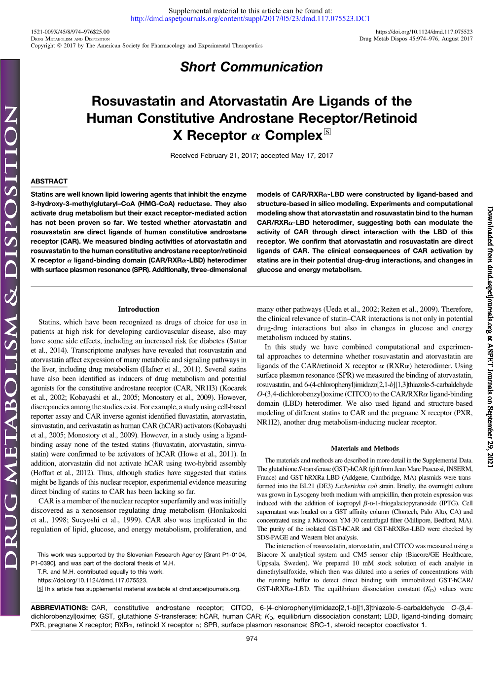 Rosuvastatin and Atorvastatin Are Ligands of the Human Constitutive Androstane Receptor/Retinoid X Receptor a Complex S