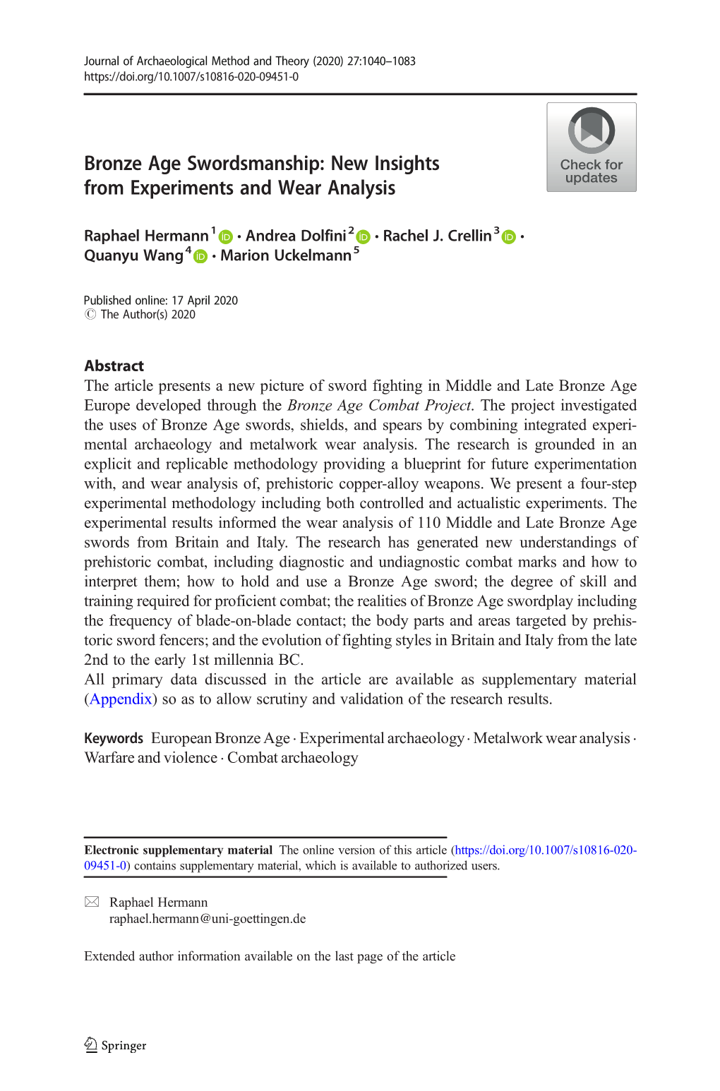 Bronze Age Swordsmanship: New Insights from Experiments and Wear Analysis