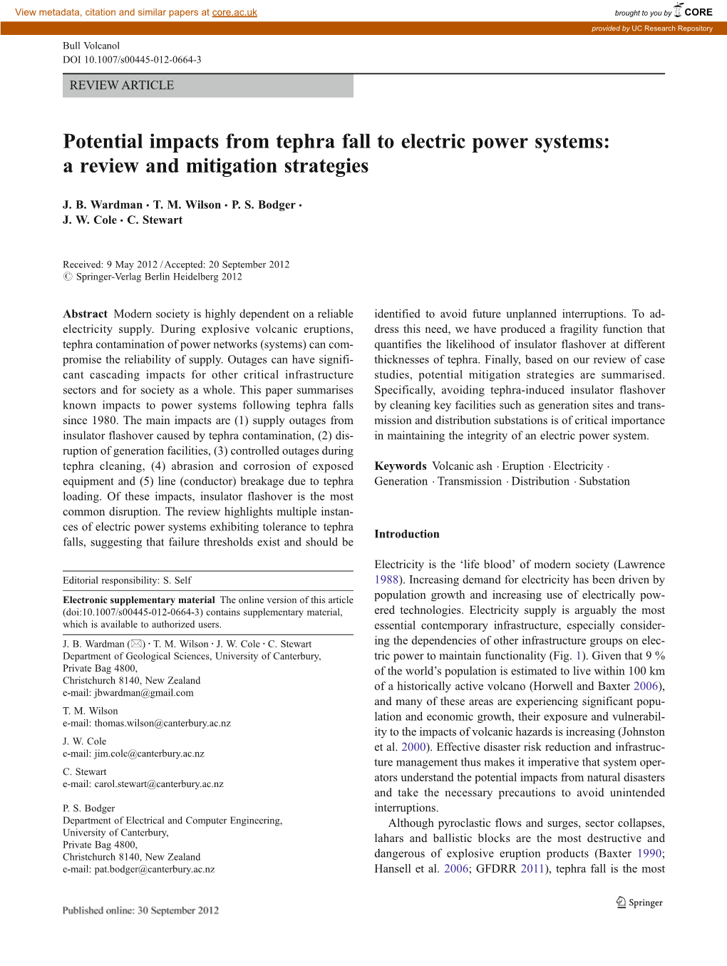 Potential Impacts from Tephra Fall to Electric Power Systems: a Review and Mitigation Strategies