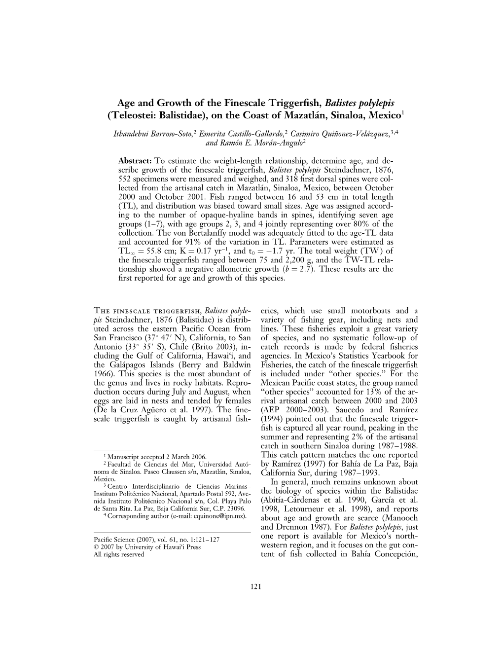 Age and Growth of the Finescale Triggerfish, Balistes Polylepis