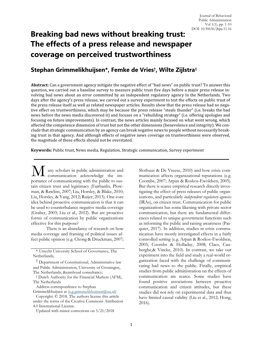 The Effects of a Press Release and Newspaper Coverage on Perceived Trustworthiness