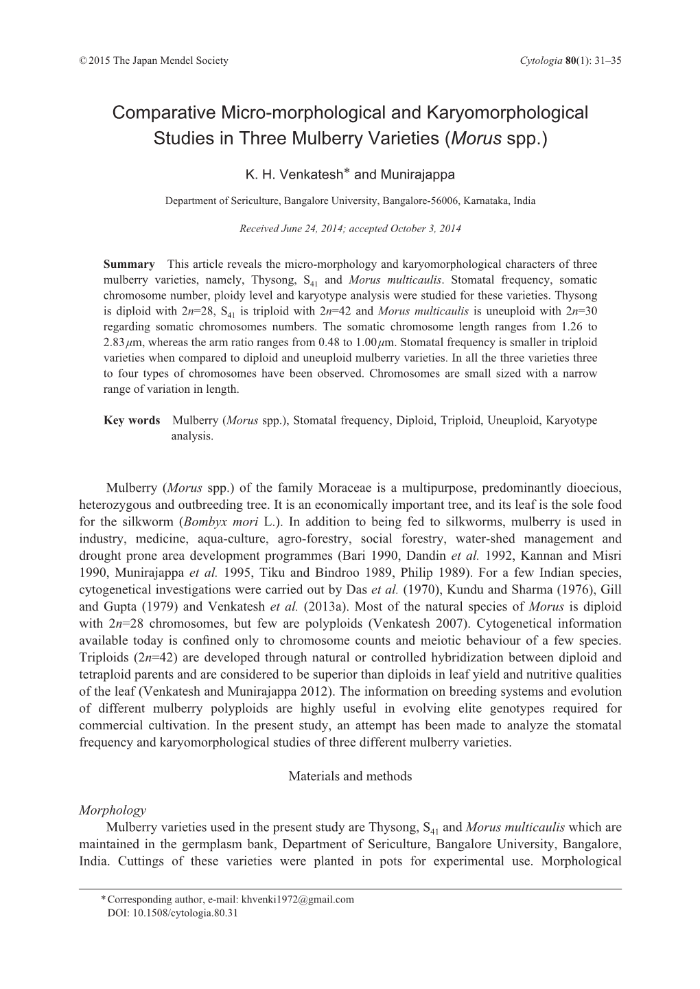 Comparative Micro-Morphological and Karyomorphological Studies in Three Mulberry Varieties (Morus Spp.)