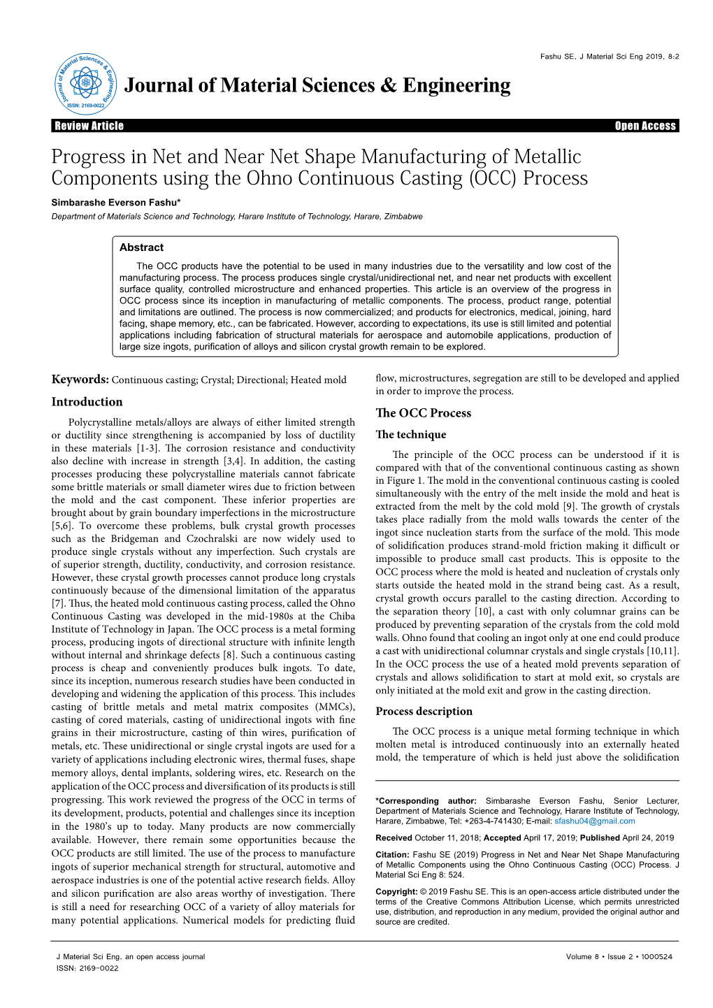 Progress in Net and Near Net Shape Manufacturing of Metallic Components Using the Ohno Continuous Casting (OCC) Process