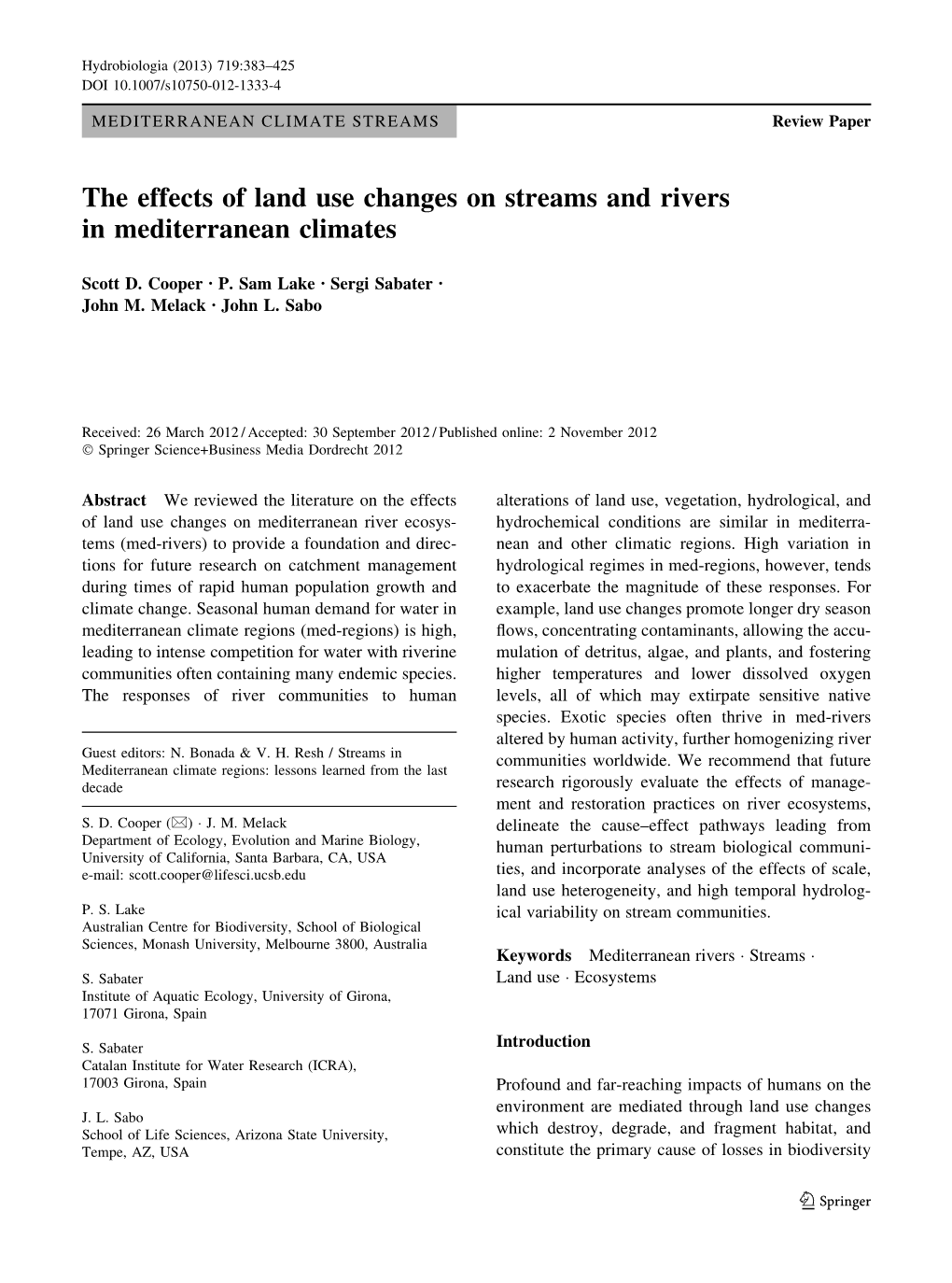 The Effects of Land Use Changes on Streams and Rivers in Mediterranean Climates