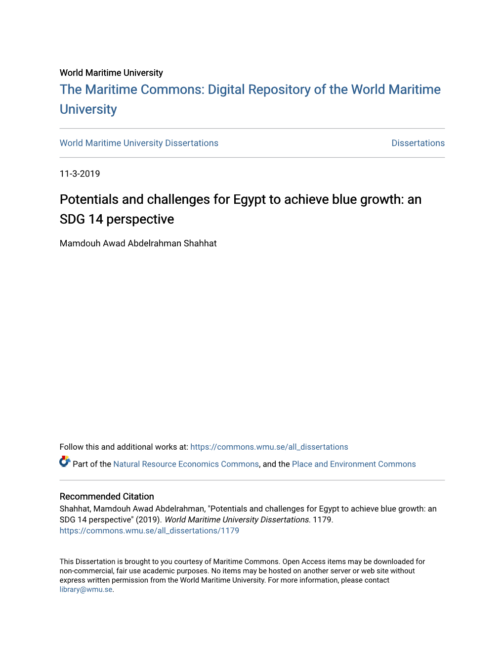 Potentials and Challenges for Egypt to Achieve Blue Growth: an SDG 14 Perspective