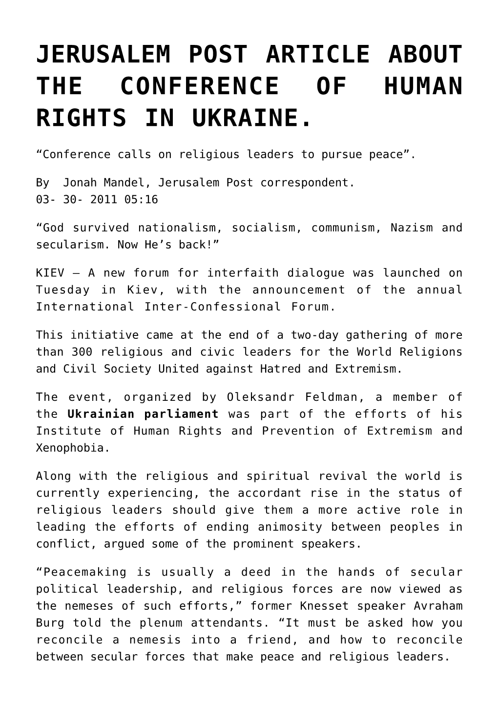 Jerusalem Post Article About the Conference of Human Rights in Ukraine