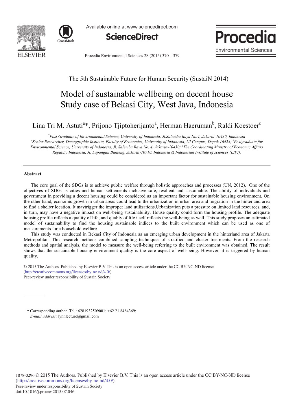 Model of Sustainable Wellbeing on Decent House Study Case of Bekasi City, West Java, Indonesia