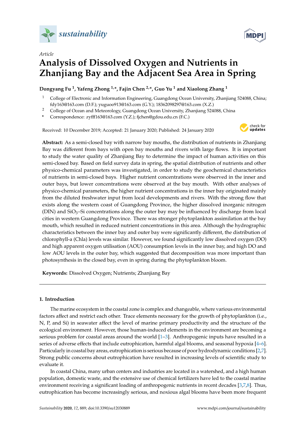 Analysis of Dissolved Oxygen and Nutrients in Zhanjiang Bay and the Adjacent Sea Area in Spring