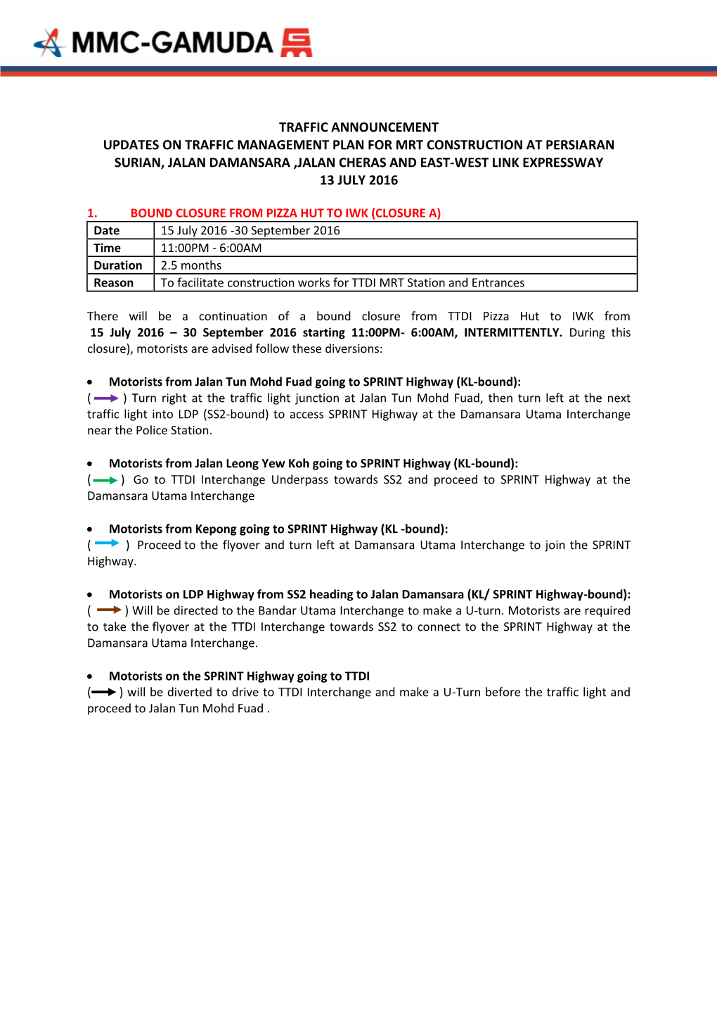 Traffic Announcement Updates on Traffic Management Plan for Mrt Construction at Persiaran Surian, Jalan Damansara ,Jalan Cheras