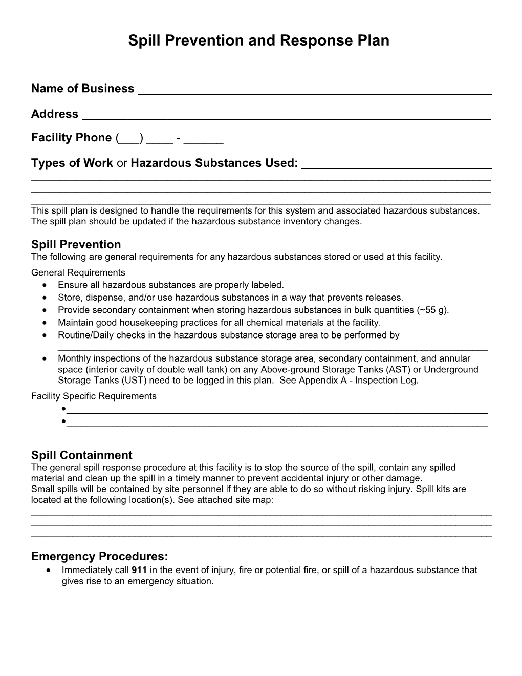 Spill Prevention & Response Plan (Template)