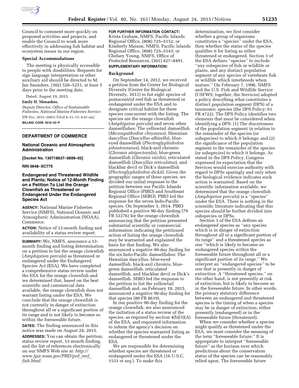 Federal Register/Vol. 80, No. 163/Monday, August 24, 2015/Notices