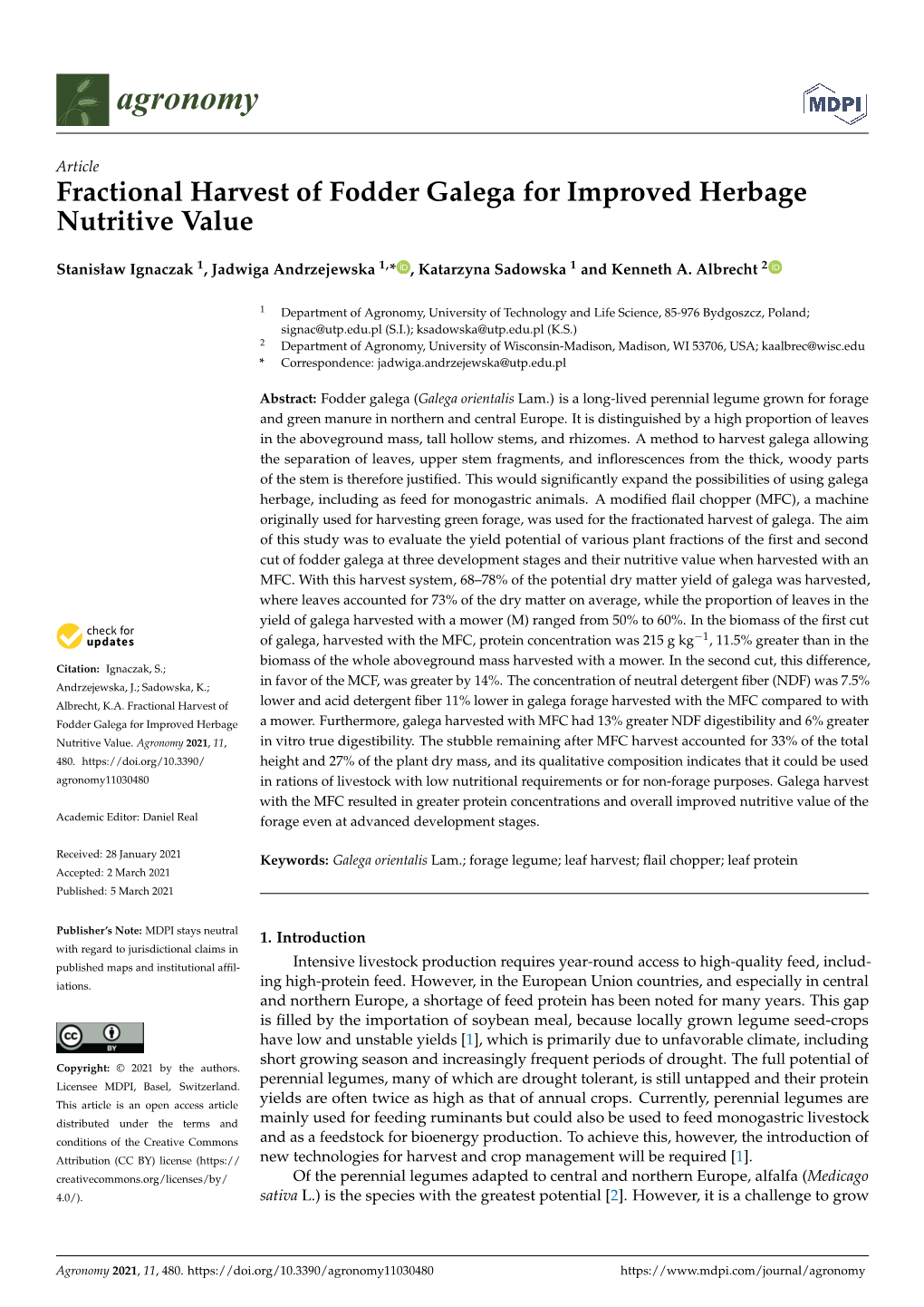 Fractional Harvest of Fodder Galega for Improved Herbage Nutritive Value