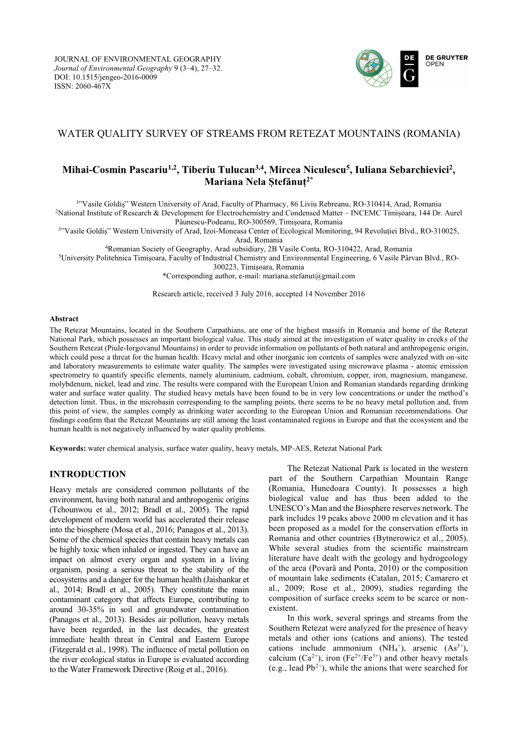 Water Quality Survey of Streams from Retezat Mountains (Romania)