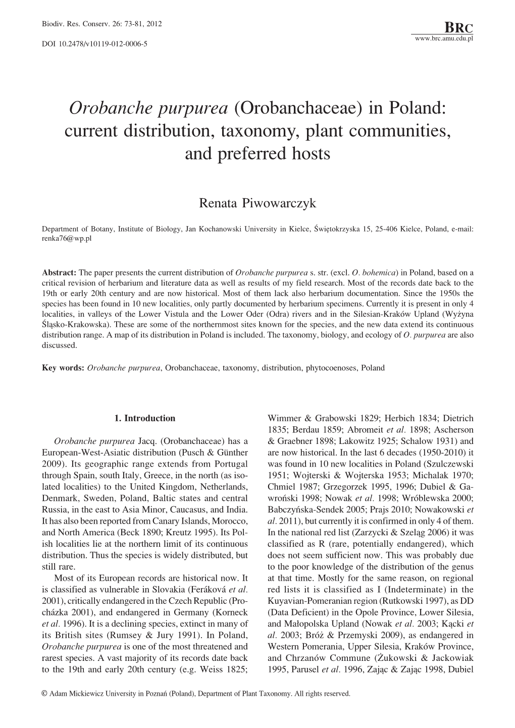 Orobanche Purpurea (Orobanchaceae) in Poland: Current Distribution, Taxonomy, Plant Communities, and Preferred Hosts