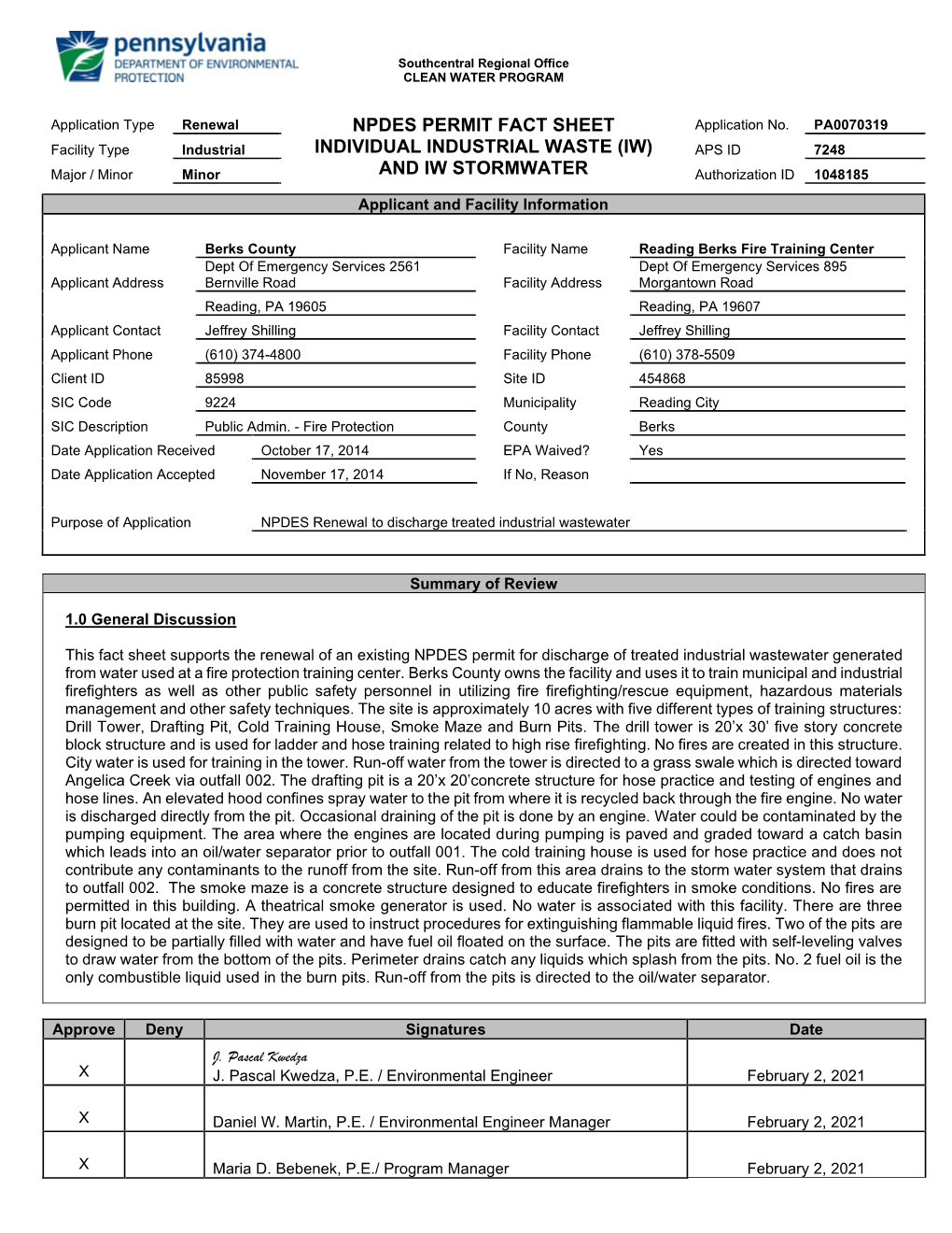 Npdes Permit Fact Sheet Individual Industrial Waste