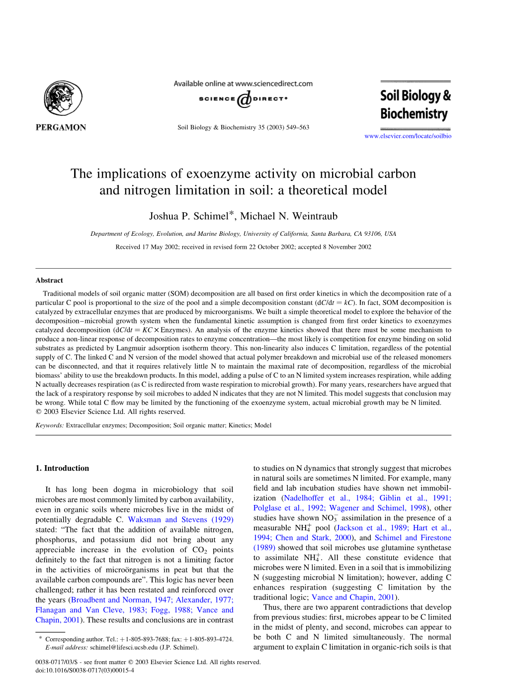 The Implications of Exoenzyme Activity on Microbial Carbon and Nitrogen Limitation in Soil: a Theoretical Model