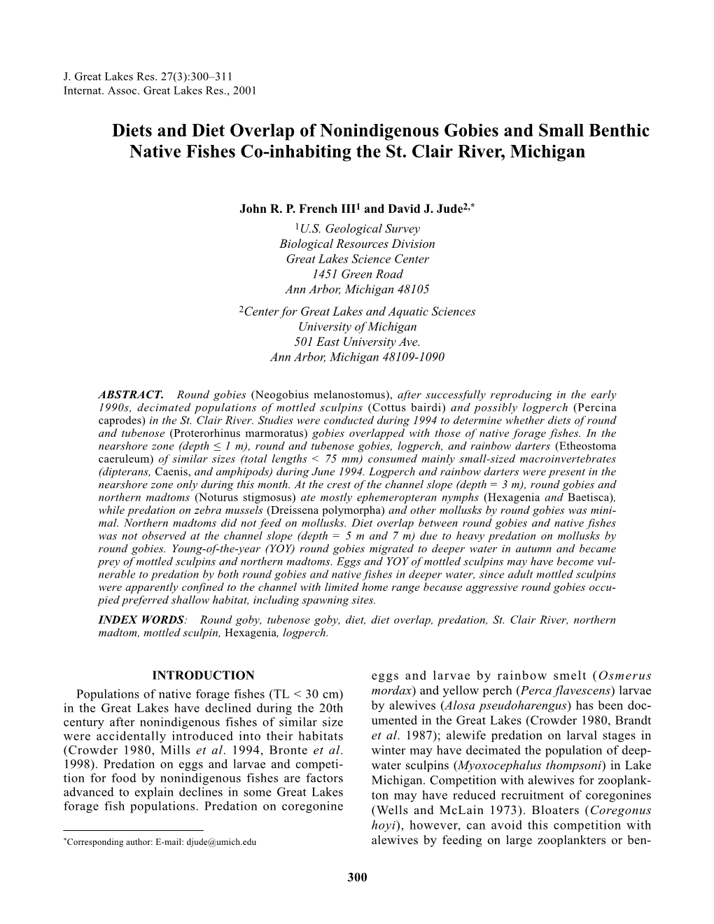 Diets and Diet Overlap of Nonindigenous Gobies and Small Benthic Native Fishes Co-Inhabiting the St. Clair River, Michigan