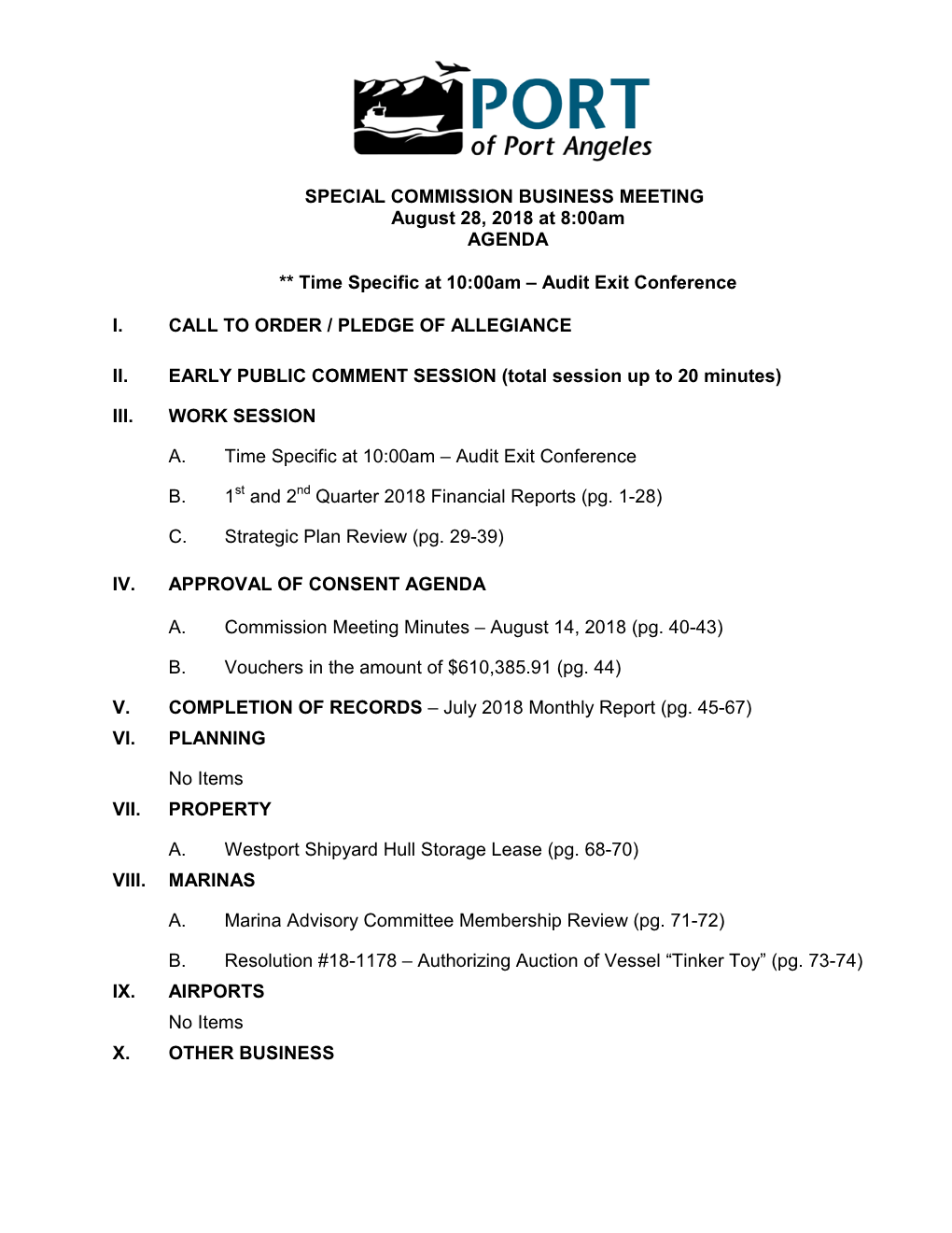 SPECIAL COMMISSION BUSINESS MEETING August 28, 2018 at 8:00Am AGENDA