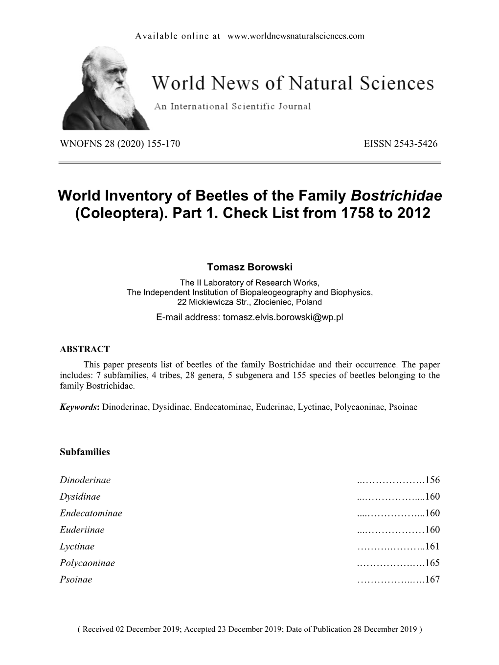 World Inventory of Beetles of the Family Bostrichidae (Coleoptera)