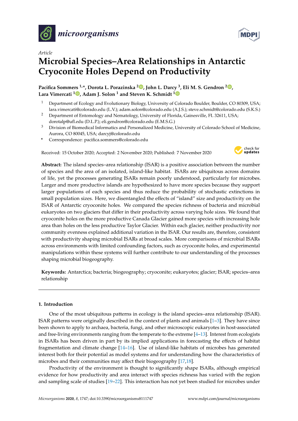 Microbial Species–Area Relationships in Antarctic Cryoconite Holes Depend on Productivity