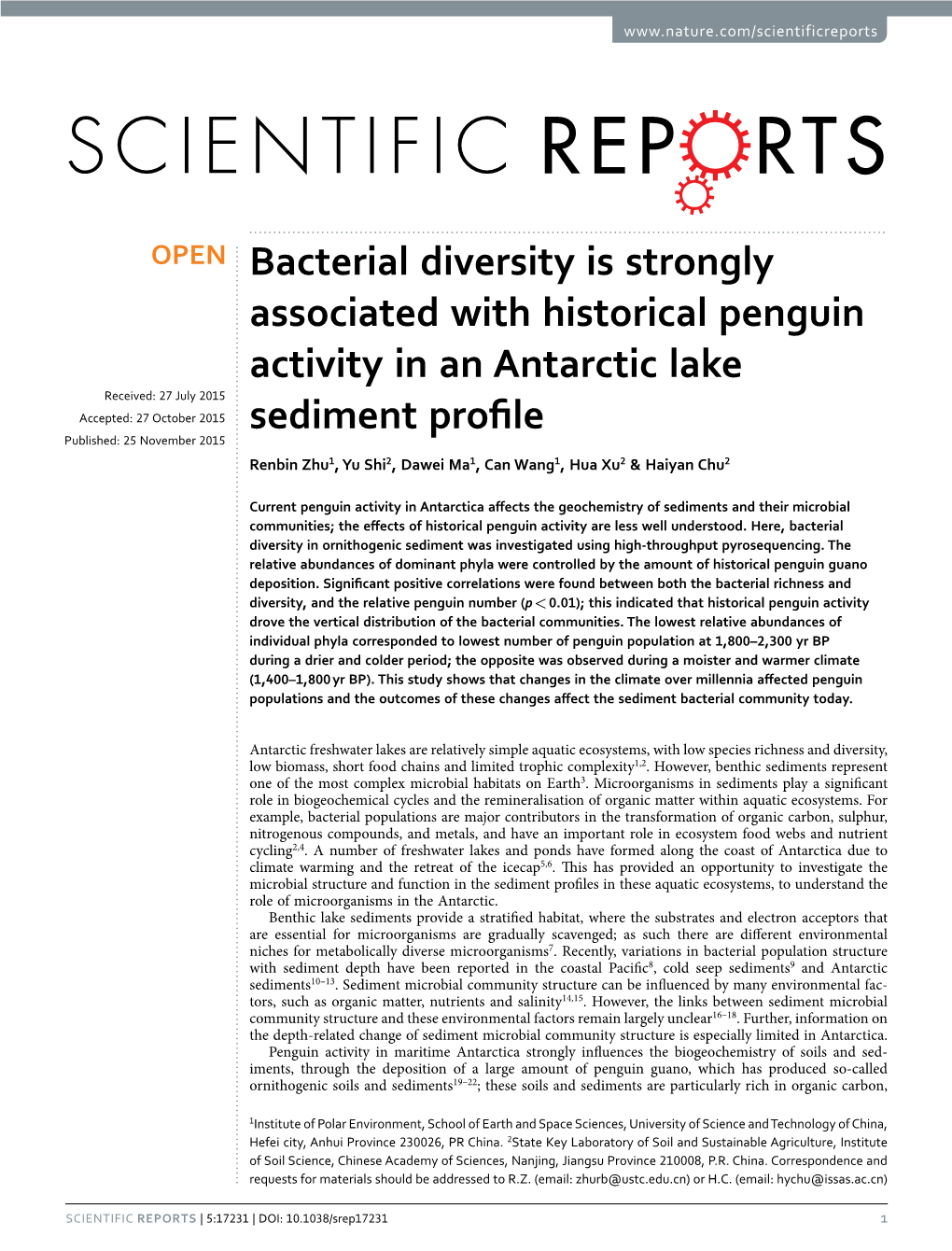 Bacterial Diversity Is Strongly Associated with Historical Penguin Activity in an Antarctic Lake Sediment Profile