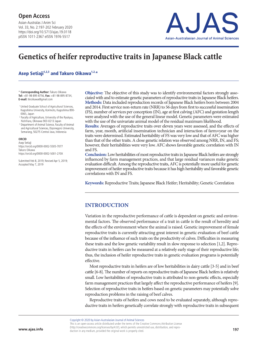 Genetics of Heifer Reproductive Traits in Japanese Black Cattle