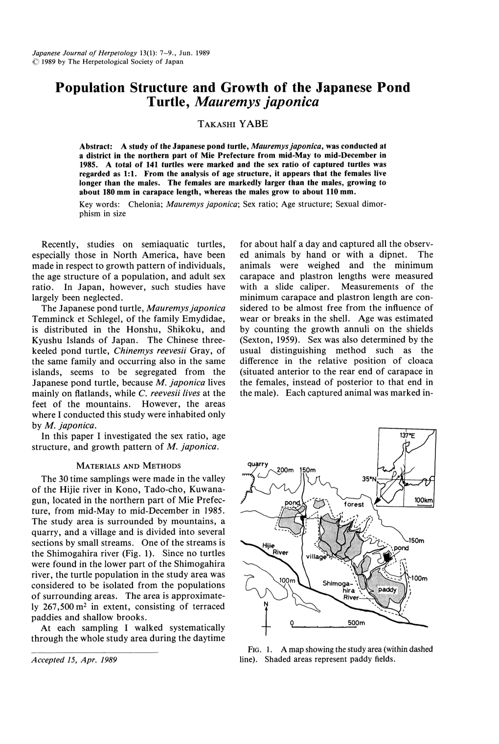 Population Structure and Growth of the Japanese Pond Turtle, Mauremys Japonica