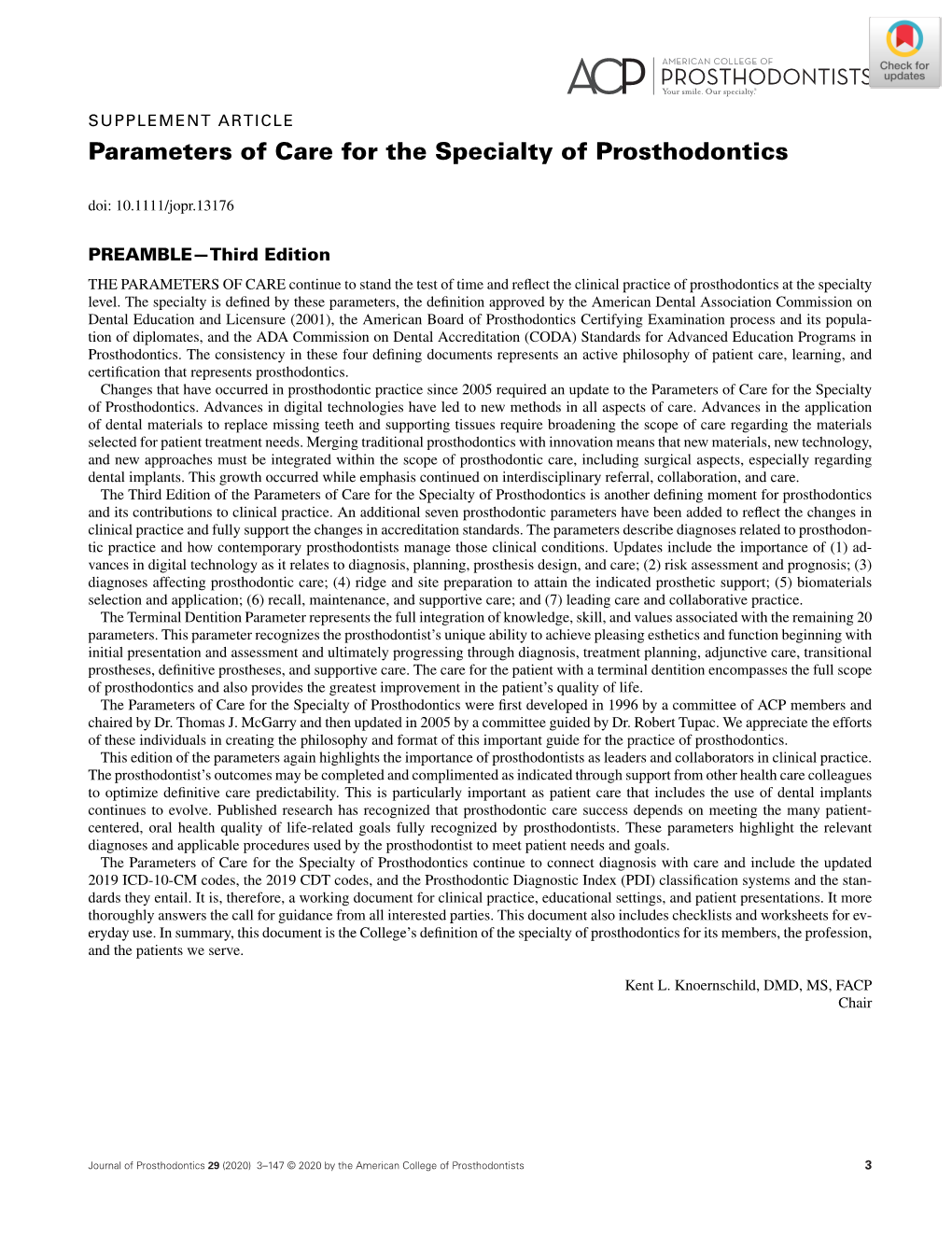 Parameters of Care for the Specialty of Prosthodontics (2020)