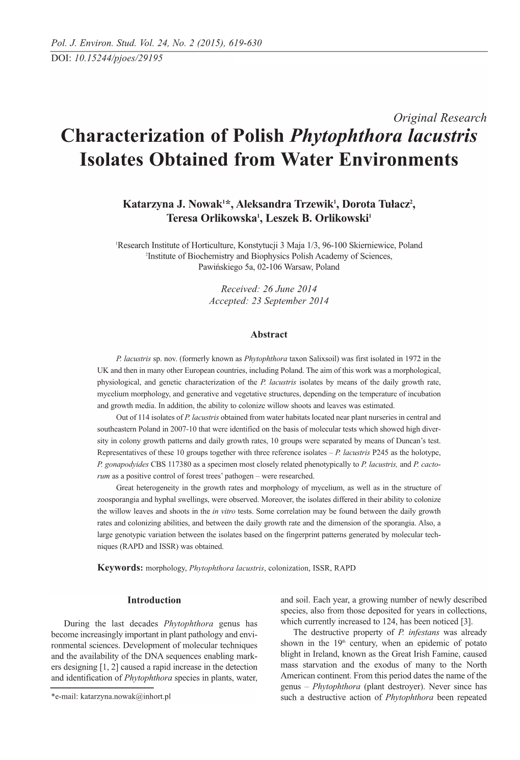 Characterization of Polish Phytophthora Lacustris Isolates Obtained from Water Environments