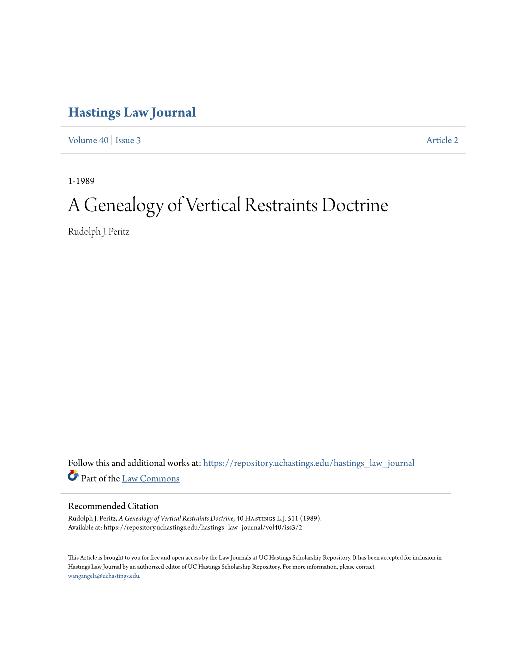 A Genealogy of Vertical Restraints Doctrine Rudolph J