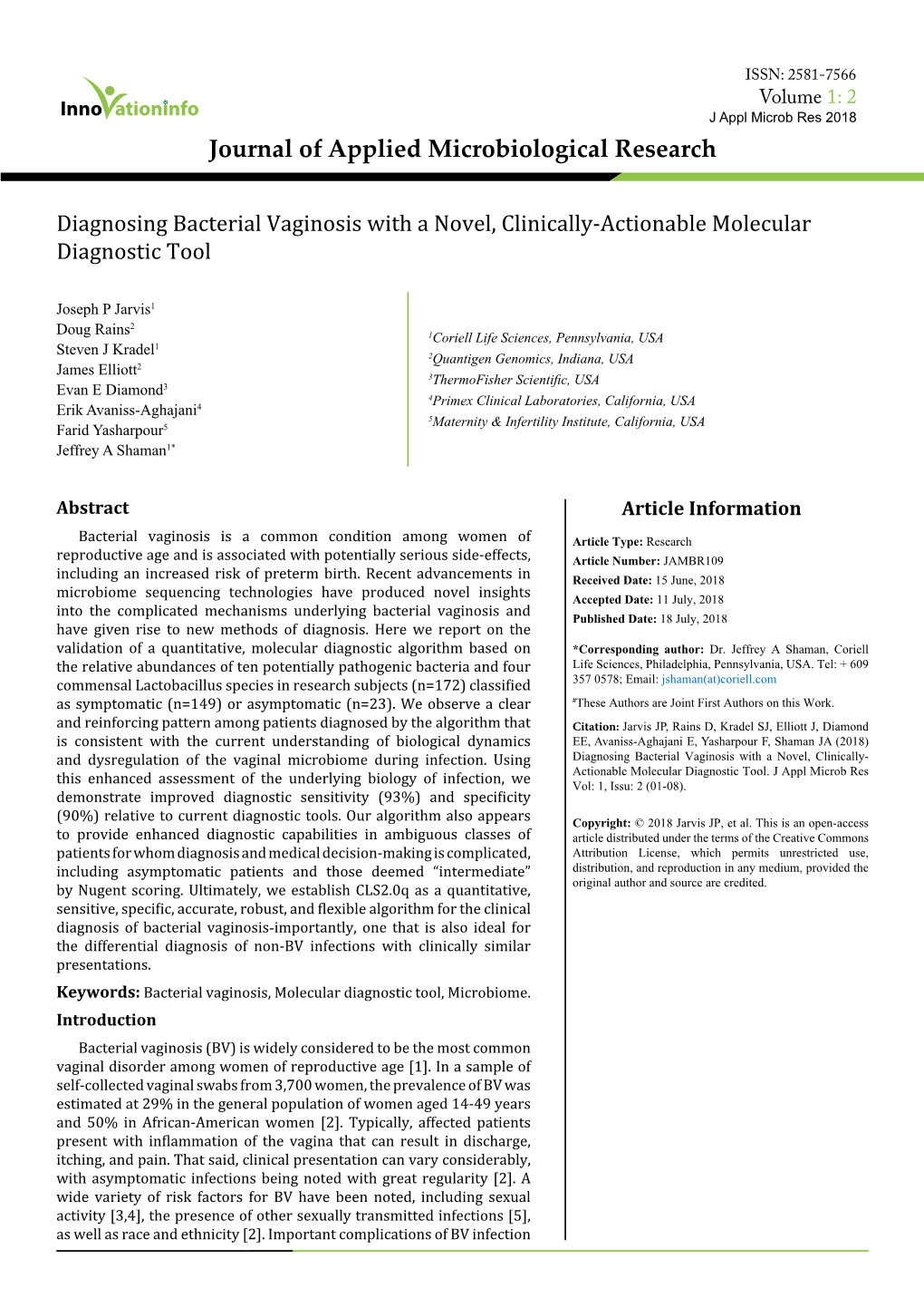 Diagnosing Bacterial Vaginosis with a Novel, Clinically-Actionable Molecular Diagnostic Tool