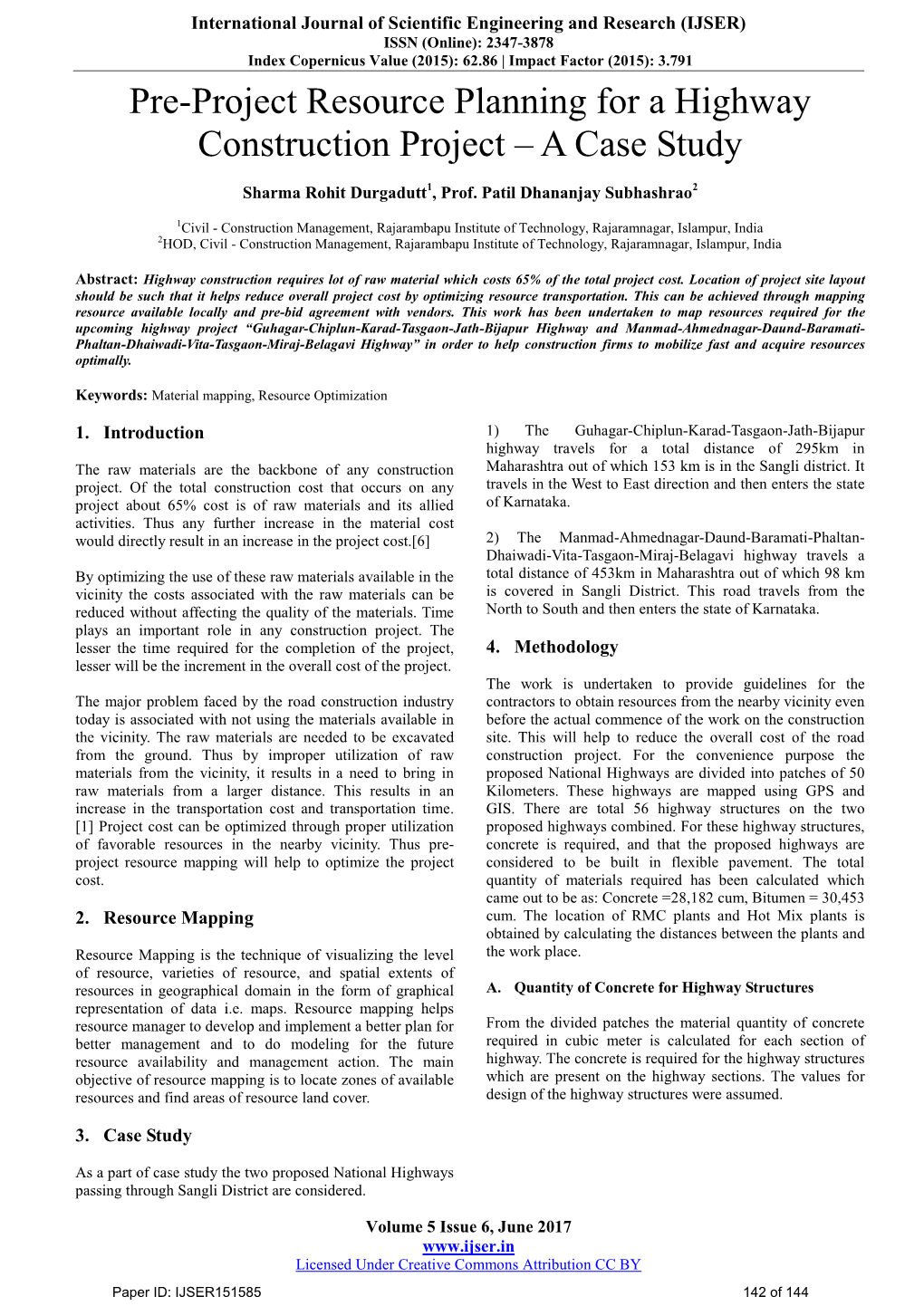 Pre-Project Resource Planning for a Highway Construction Project – a Case Study