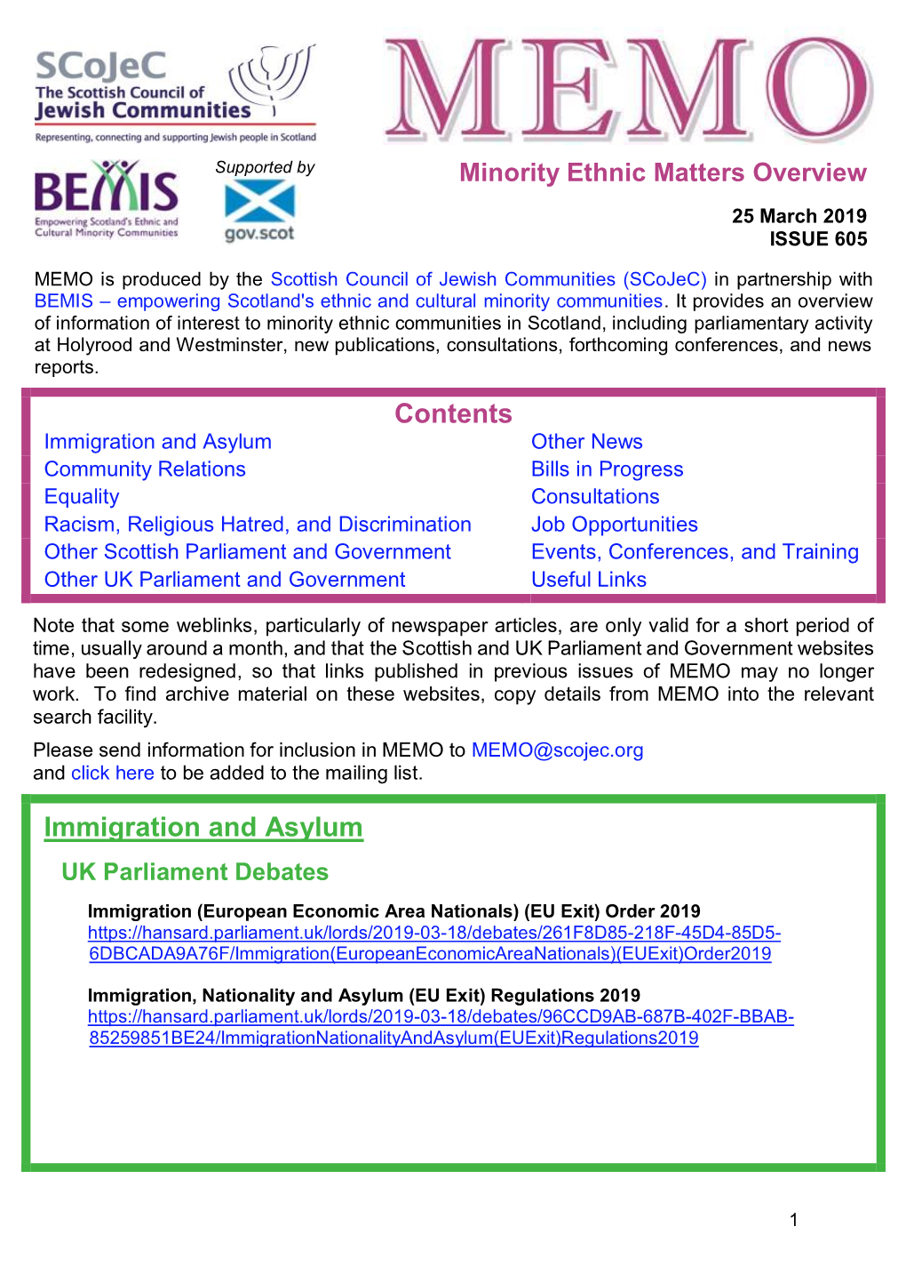 MEMO Is Produced by the Scottish Council of Jewish Communities (Scojec) in Partnership with BEMIS – Empowering Scotland's Ethnic and Cultural Minority Communities