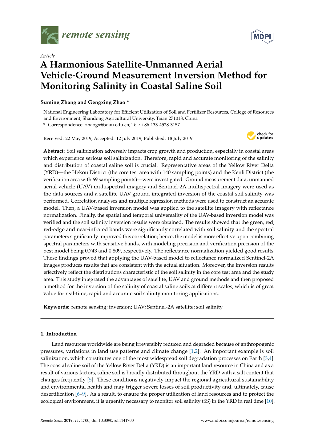 A Harmonious Satellite-Unmanned Aerial Vehicle-Ground Measurement Inversion Method for Monitoring Salinity in Coastal Saline Soil