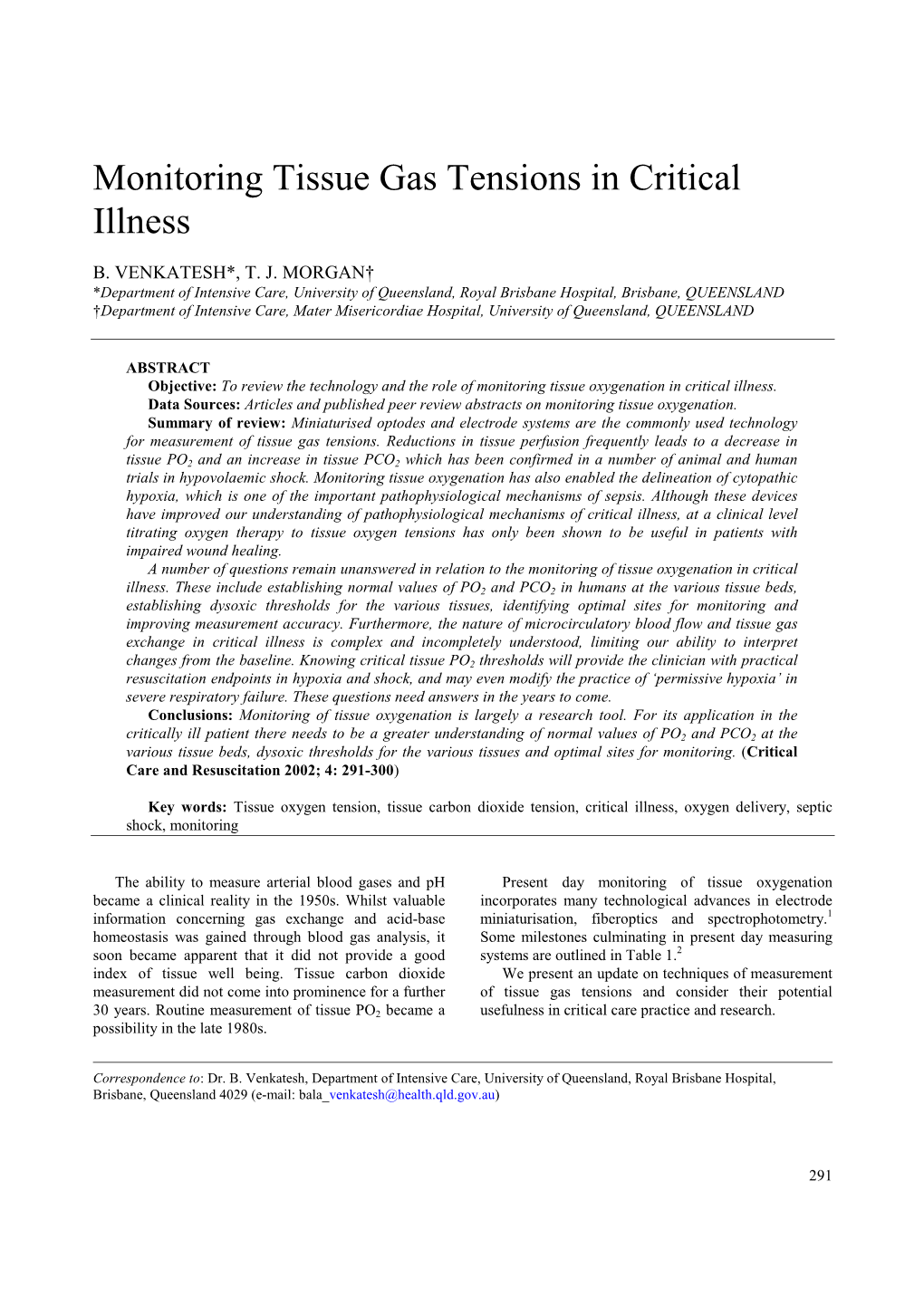 Monitoring Tissue Gas Tensions in Critical Illness