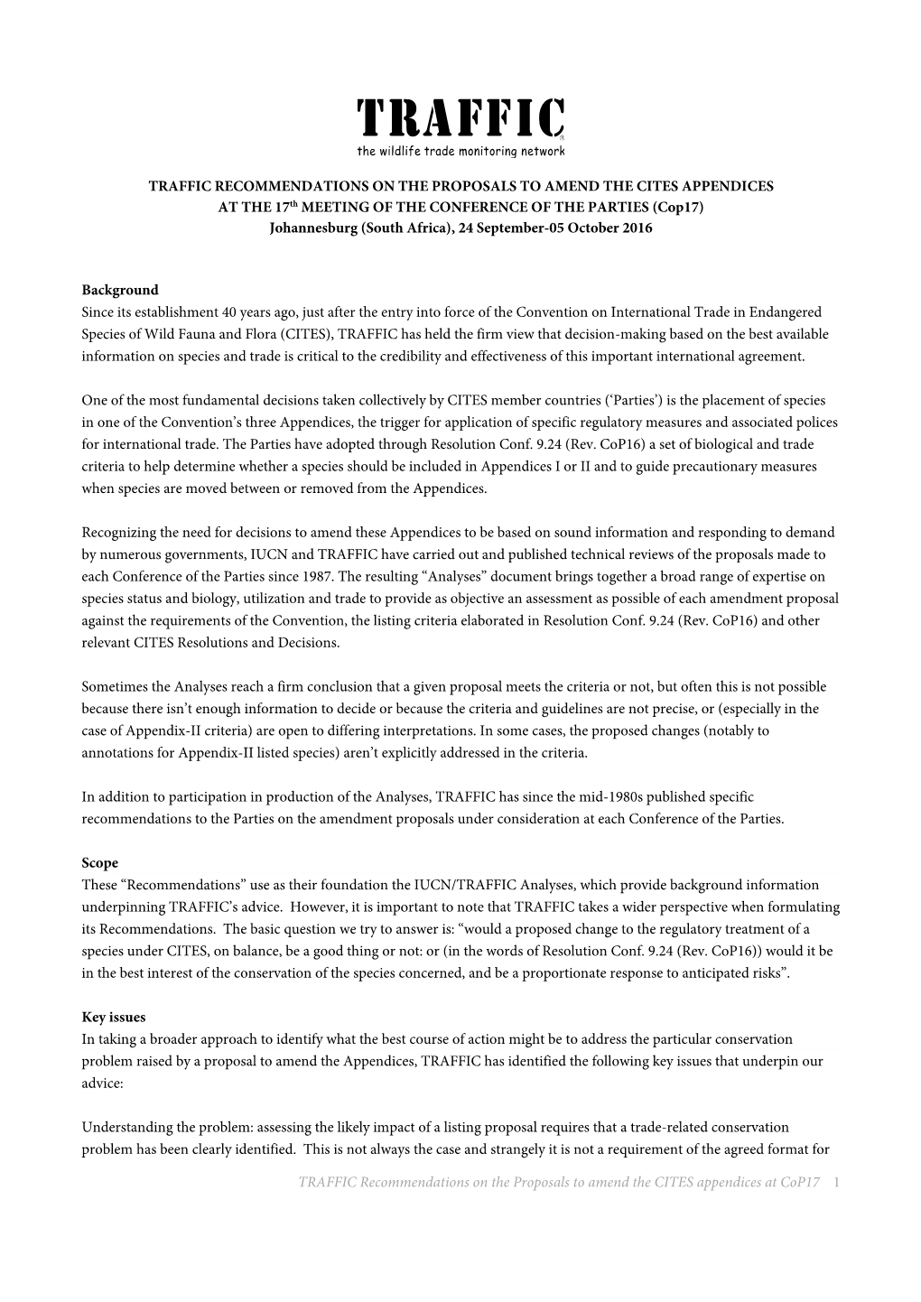 TRAFFIC Recommendations on the Proposals to Amend the CITES