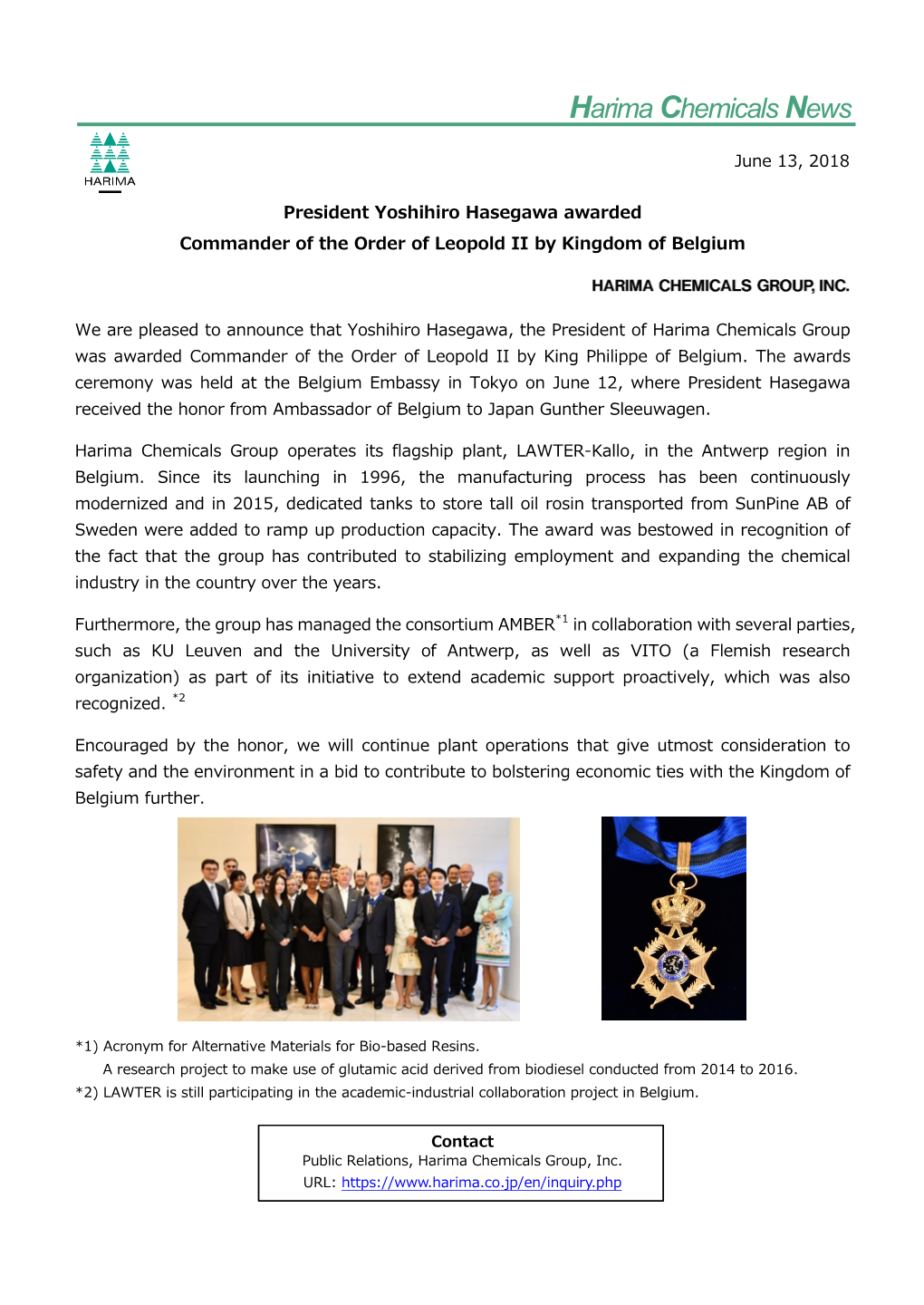 President Yoshihiro Hasegawa Awarded Commander of the Order of Leopold II by Kingdom of Belgium