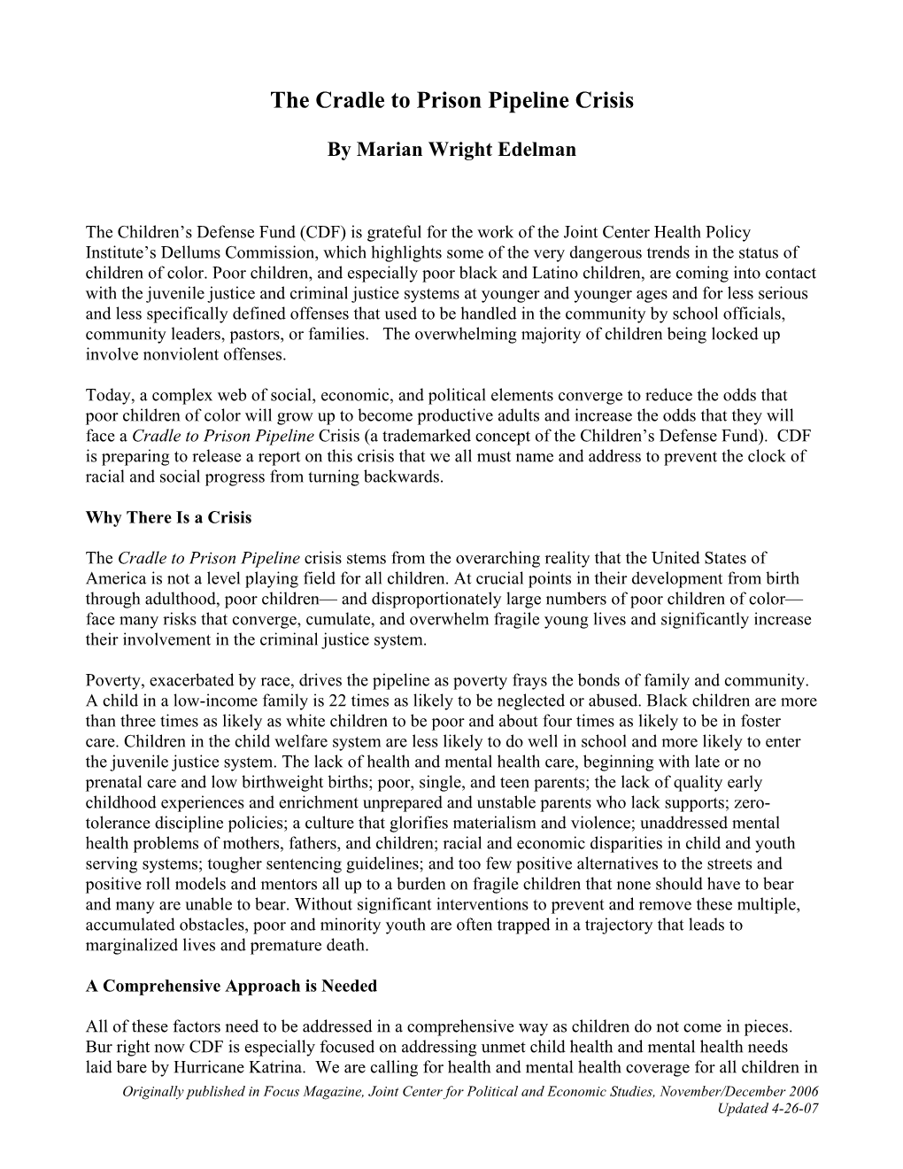 The Cradle to Prison Pipeline Crisis 2006