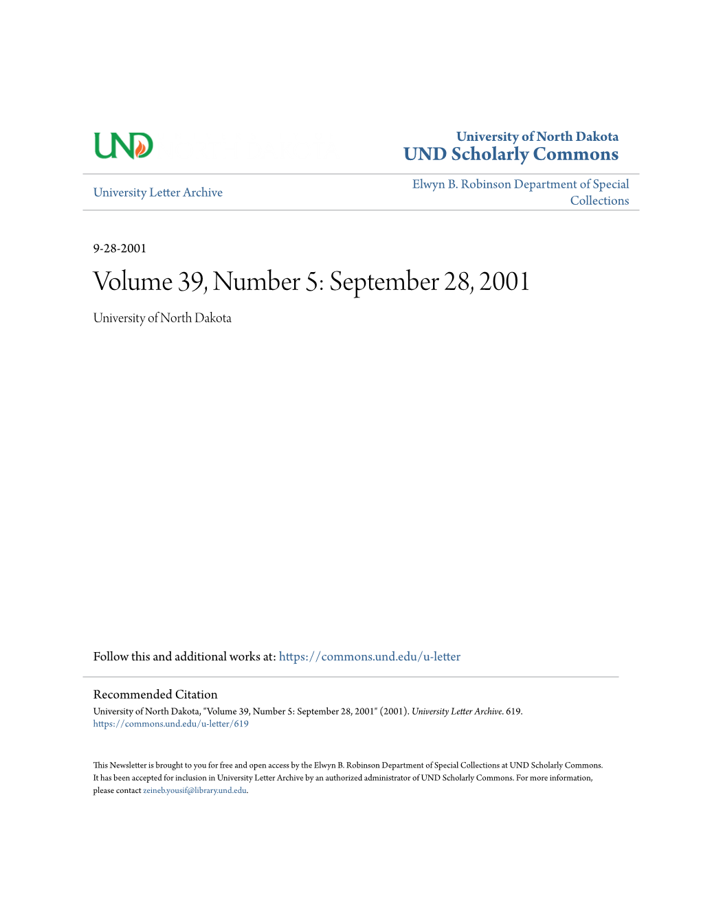 Volume 39, Number 5: September 28, 2001 University of North Dakota