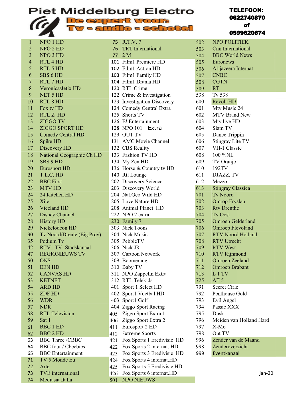 1 NPO 1 HD 75 R.T.V. 7 502 NPO POLITIEK 2 NPO 2 HD 76 TRT International 503 Cnn International 3 NPO 3 HD 77 2 M 504 BBC World Ne