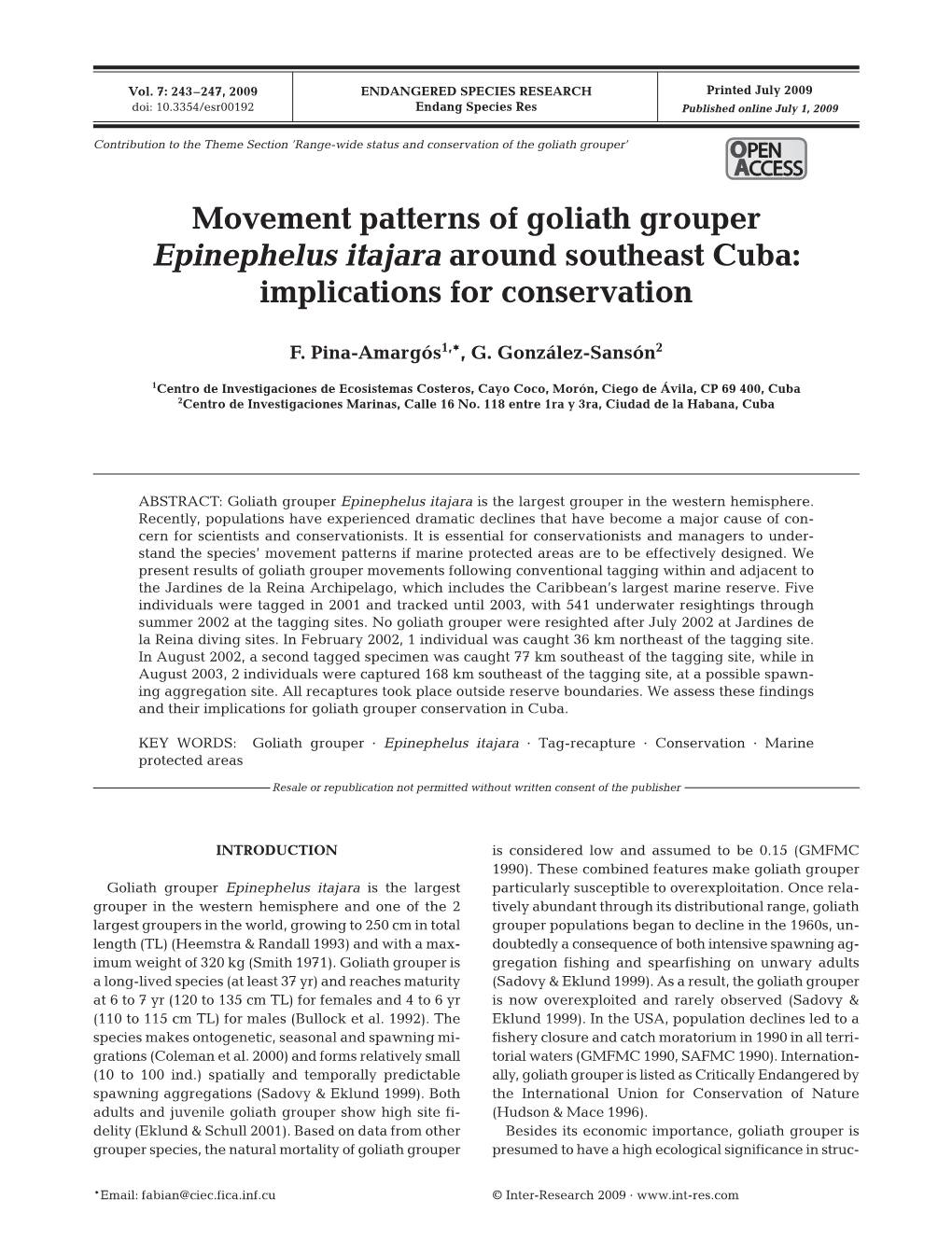 Movement Patterns of Goliath Grouper Epinephelus Itajara Around Southeast Cuba: Implications for Conservation