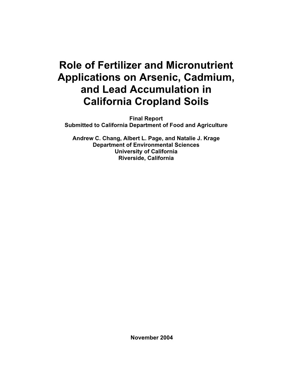 Role of Fertilizer and Micronutrient Applications on Arsenic, Cadmium, and Lead Accumulation in California Cropland Soils