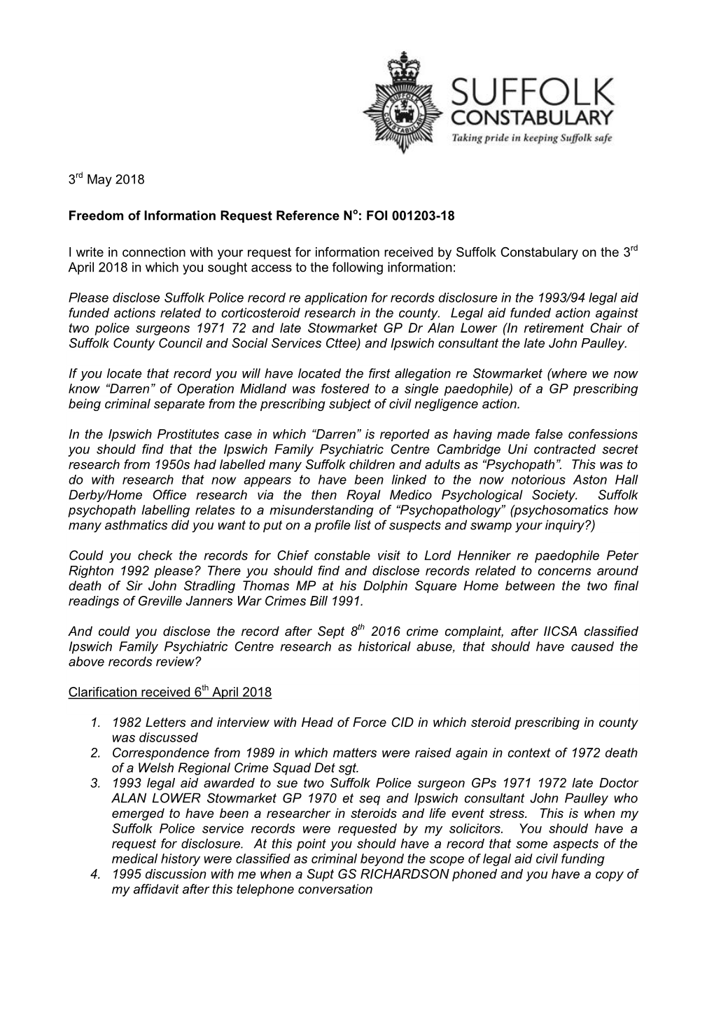 FOI 001203-18 I Write in Connection with Your Request for Information