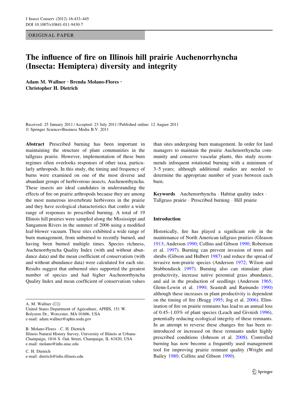 The Influence of Fire on Illinois Hill Prairie Auchenorrhyncha (Insecta