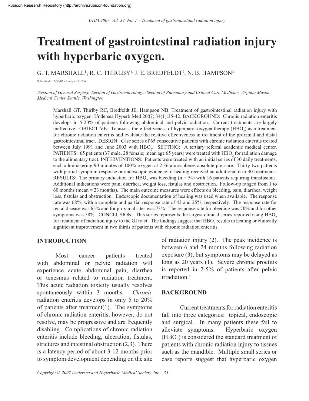 Treatment of Gastrointestinal Radiation Injury with Hyperbaric Oxygen